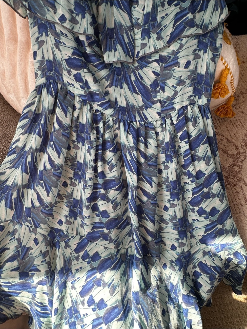 LoveShackFancy 100% Silk Blue Floral Off Shoulder Ruffle Dress Size 1 - Picture 13 of 17
